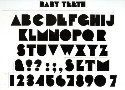 Typefaces depicts: Alphabet for Baby Teeth typeface. Letters are angular simplified forms.