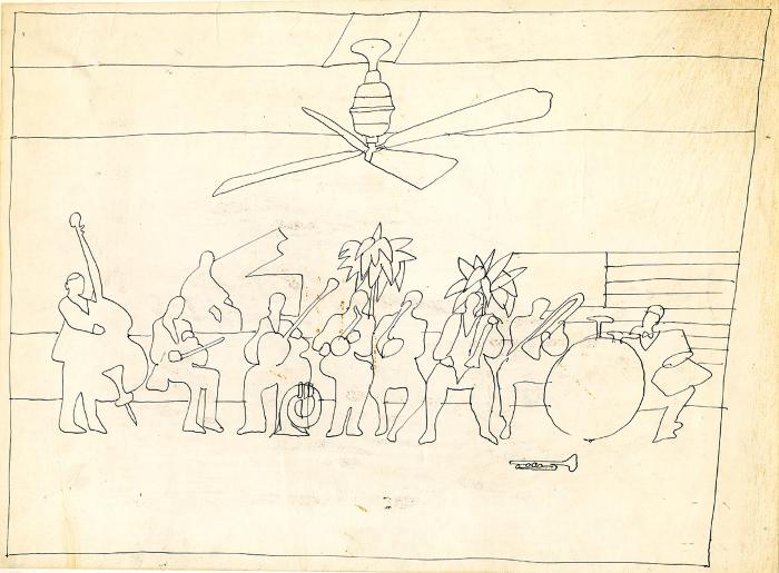 Original Art depicts: pen and ink drawing of band members in outline sitting and playing in a room with a ceiling fan