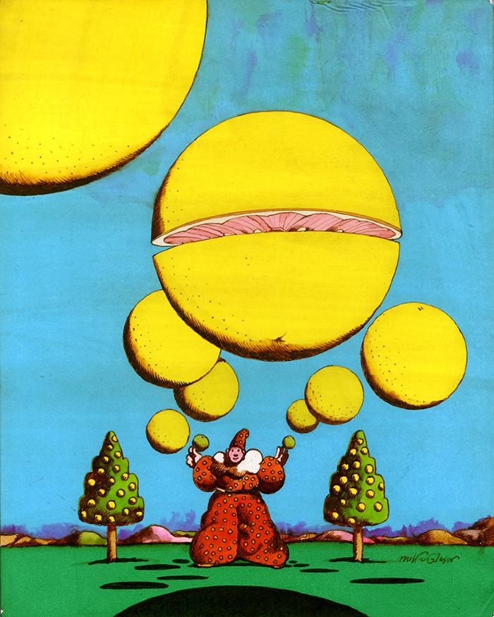 Original Art depicts: Clown juggling giant grapefruits in a landscape; one landscape in split in half