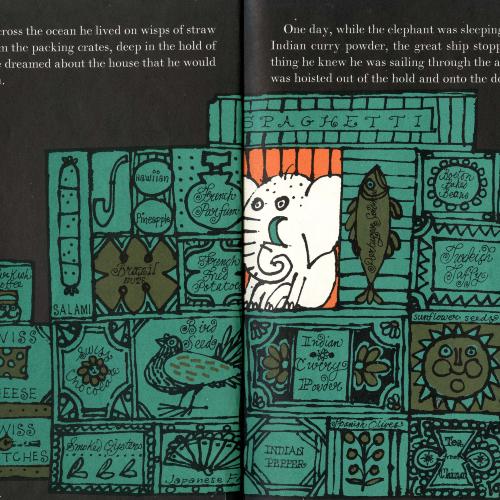 Book Covers depicts: Double page spread illustration of shipping crates containing fanciful objects and an elephant