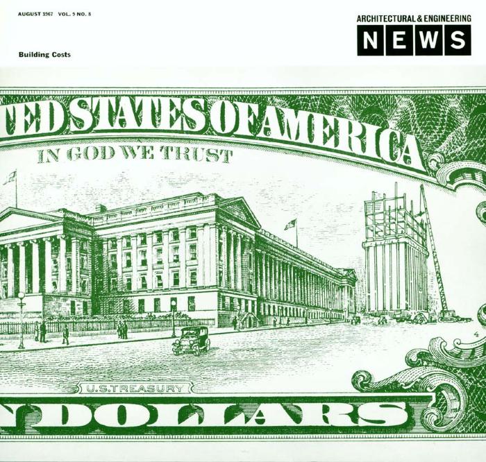 Serial Publications depicts: Crop in of a US dollar bill with the back image replaced with a building being constructed 