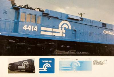 Logos and identities depicts: Blue train car with a white logo of two white semi circles with two lines coming out of them