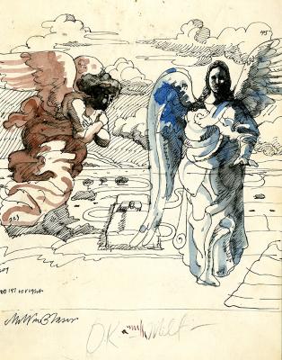 Original Art depicts: pen and ink drawing of two angels hoving over a landscape
