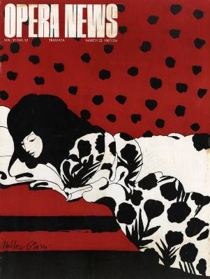Serial Publications depicts: Woman with black hair lounging on a bed or couch looking down, covered in a flowered robe or blanket against a red background with black smudges of paint.