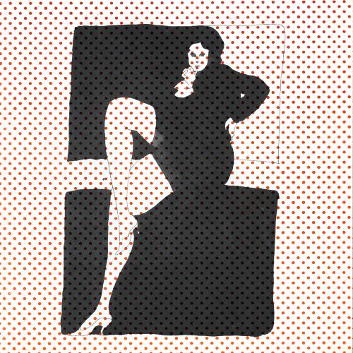 Serial Publications depicts: Black ink drawing of a woman sitting on a block on a screen of red dots
