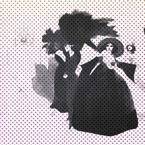 Serial Publications depicts: showgirls painted in blotchy black ink on a screen of red dots