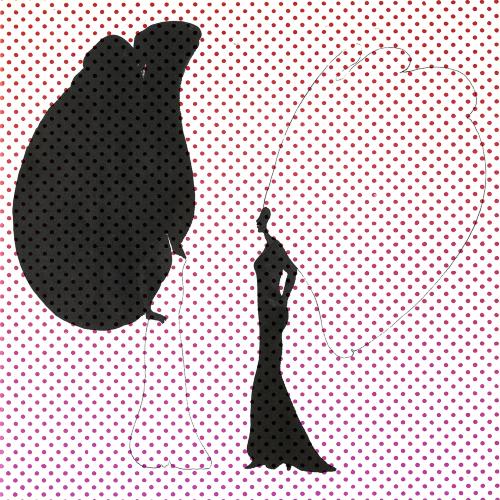 Serial Publications depicts: Two showgirls with giant hair facing each other painted on a screen of red dots