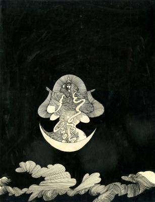 Original Art depicts: Black and white pen and ink drawing of woman in elaborate gown and headdress standing on a crescent moon hovering above the clouds