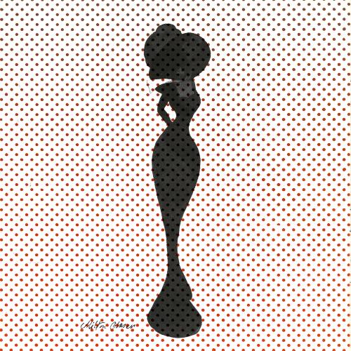 Serial Publications depicts: Showgirl in an hourglass shape painted in black ink on a screen of red dots