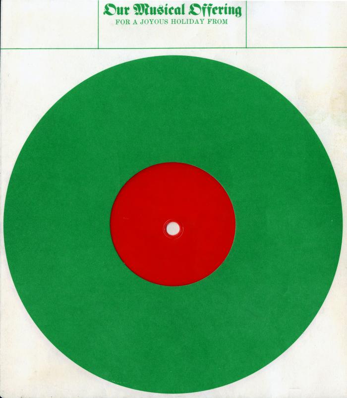 Cards depicts: red circle of flexi disk seen through the circular cut-out of a larger green circle on a record sleeve