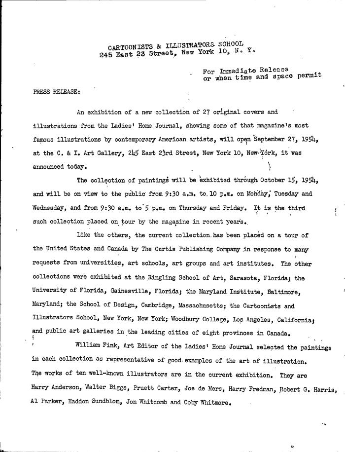 Press Releases depicts: typewritten page describing exhibition