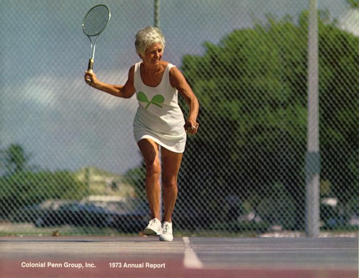Annual Reports and Corporate Communications depicts: An older woman wearing a white dress plays tennis 