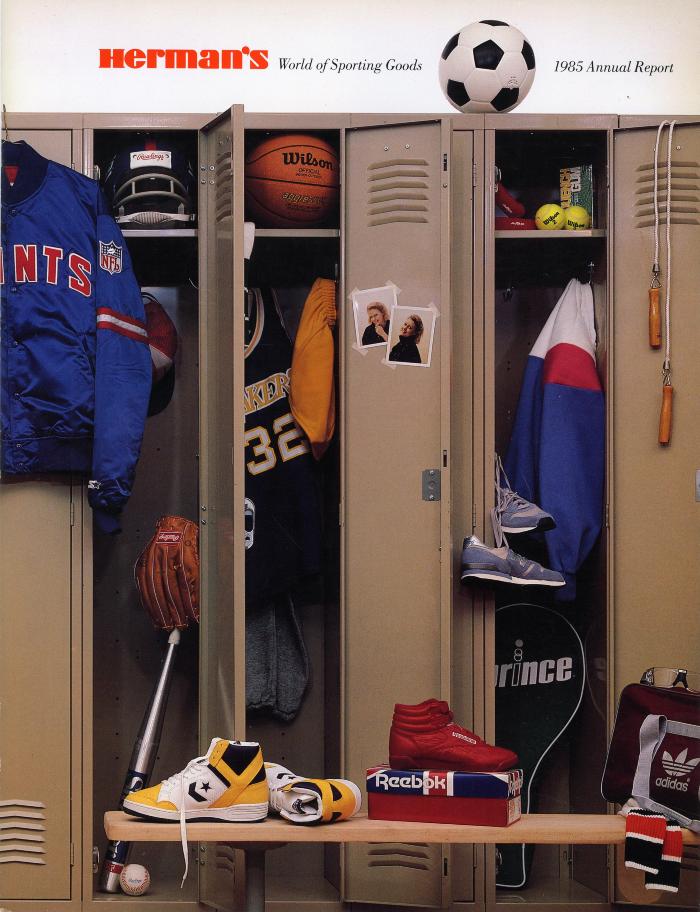 Annual Reports and Corporate Communications depicts: A few tan lockers open, lots of sporting gear is shown in the lockers, on top of them, and on a bench next to them 