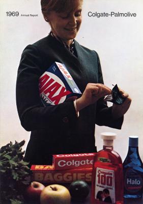 Annual Reports and Corporate Communications depicts: A woman in a blazer holds a box of Ajax under her arm and retrieves money out of a coin-purse, in front of her is a pile of other groceries 