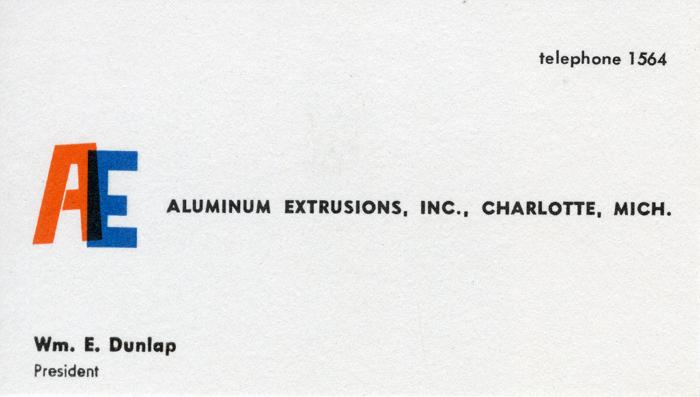Letterheads/Stationery, Logos and identities depicts: On a business card is a large orange "A" and a large blue "E" overlap each other, where they overlap is a darker blue, next to it says "Aluminum Extrusions Inc"