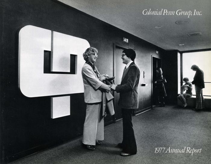 Annual Reports and Corporate Communications depicts: A man and woman in suits shake hands inside a building, behind them is the Colonial Penn logo 