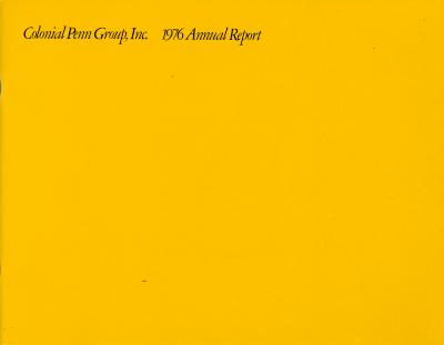 Annual Reports and Corporate Communications depicts: "Colonial Penn Group Inc. 1976 Annual Report" typed across the top of a yellow paper