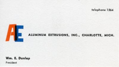 Letterheads/Stationery, Logos and identities depicts: On a business card is a large orange "A" and a large blue "E" overlap each other, where they overlap is a darker blue, next to it says "Aluminum Extrusions Inc"