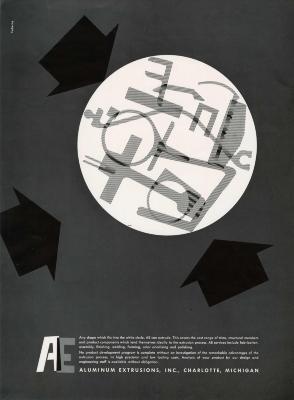 Advertisements, Logos and identities depicts: A white circle is on a gray background with three black arrows pointing to it, inside the circle are various abstract shapes 