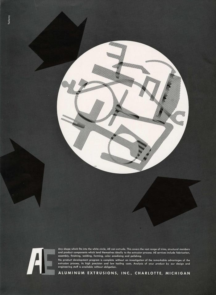 Advertisements, Logos and identities depicts: A white circle is on a gray background with three black arrows pointing to it, inside the circle are various abstract shapes 