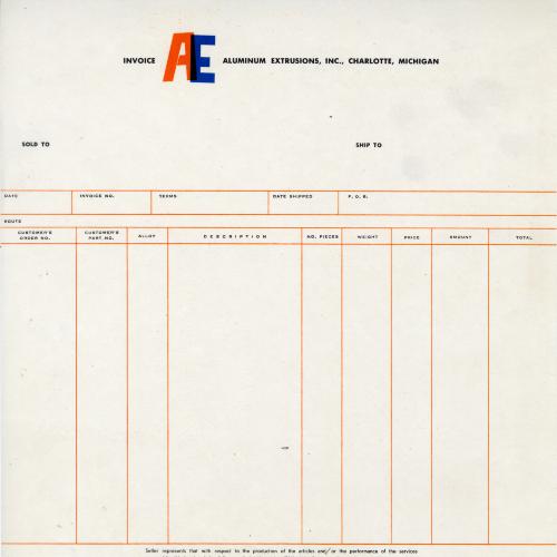 Letterheads/Stationery, Logos and identities depicts: Across the header of a piece of paper is a large orange "A" and a large blue "E" overlap each other, where they overlap is a darker blu. Underneath is an invoice with no information filled in 