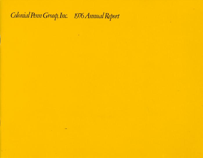 Annual Reports and Corporate Communications depicts: "Colonial Penn Group Inc. 1976 Annual Report" typed across the top of a yellow paper