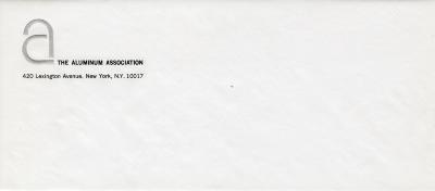 Letterheads/Stationery, Logos and identities depicts: On the header of an envelope is a large white lower case "A" followed by "The Aluminum Association" 