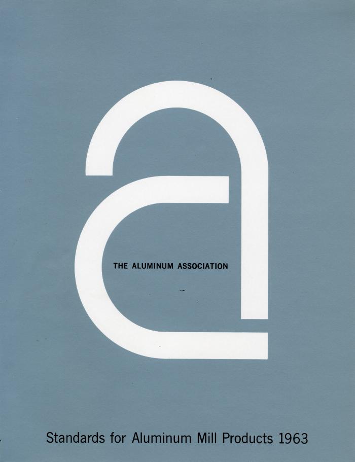 Logos and identities, Graphic Standards Manuals depicts: A large lower case white "A" is on a blue background, inside the "A" it says "The Aluminum Association" 