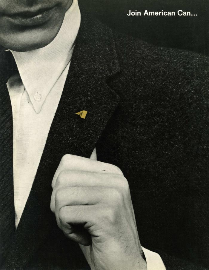 Booklet/Brochure depicts: Close up of a man in a suit holding his lapel with a pin on it 
