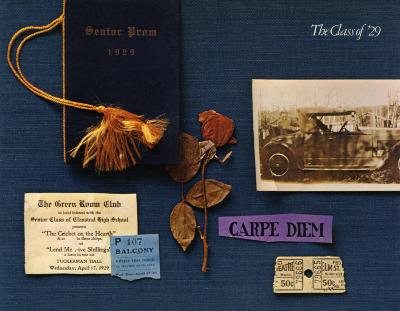 Booklet/Brochure depicts: Various memorabilia items, a dried flower, an old photograph, ticket stubs, etc