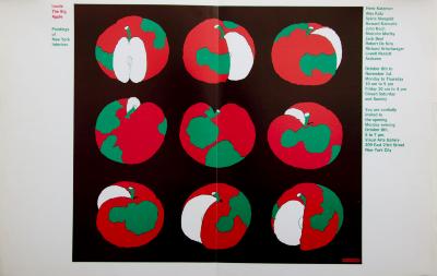 Posters depicts: A three-by-three grid of a revolving apple with continents on it and a slice taken out of it 