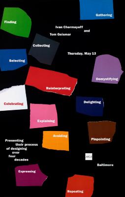Posters depicts: Several torn scraps of different colored paper with words representing design process (for example, "explaining" "delighting" "demystifying" etc.)