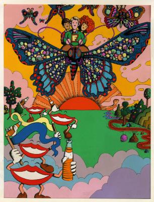 Original Art depicts: Colorful final art made of cell-tak of three people riding a butterfly over a landscape. Dancing lips holding soda bottles stand below.