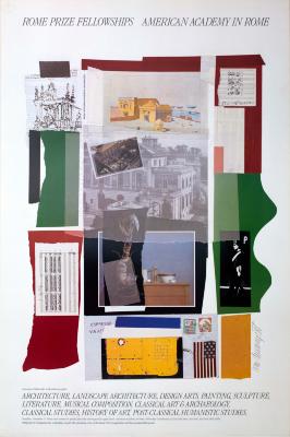 Posters depicts: Postcards, photographs, and torn-out images related to Rome collaged together on top of colorful bits of torn construction paper