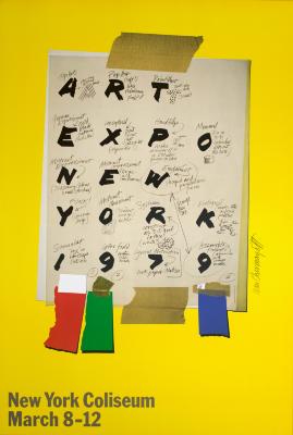 Posters depicts: A white piece of paper with words written in marker and pencil taped onto a yellow background, with several scraps of multicolored paper hanging off.