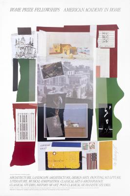 Posters depicts: Postcards, photographs, and torn-out images related to Rome collaged together on top of colorful bits of torn construction paper