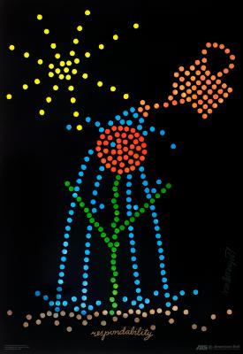 Posters depicts: An abstract rendition of a watering can pouring water on a flower with the sun above. Everything is made of large dots.