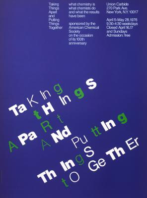 Posters depicts: Title of exhibition styled to seem like the words are being taken apart, letters and letter combinations that are symbols of chemical elements are in white, extraneous letters in green