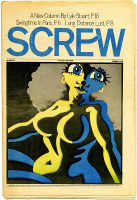 Yellow and blue cartoon illustration of a nude woman shown hips up with large blue eyes 