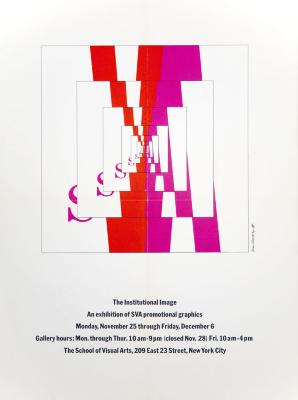 Posters depicts: Seven successively smaller nested versions of George Tscherny's School of Visual Arts logos above exhibition details. 