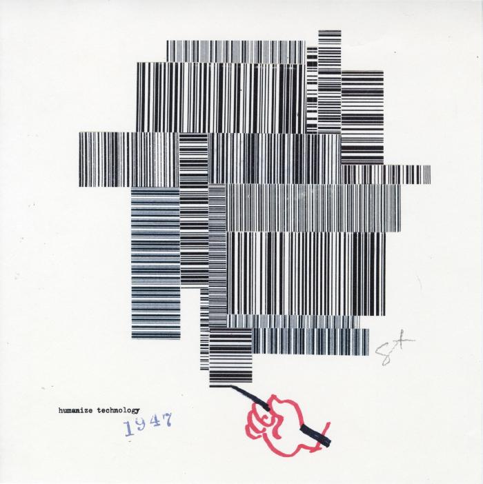 Cards depicts: Barcodes patterned next to each other, an illustrated hand is shown painting them 