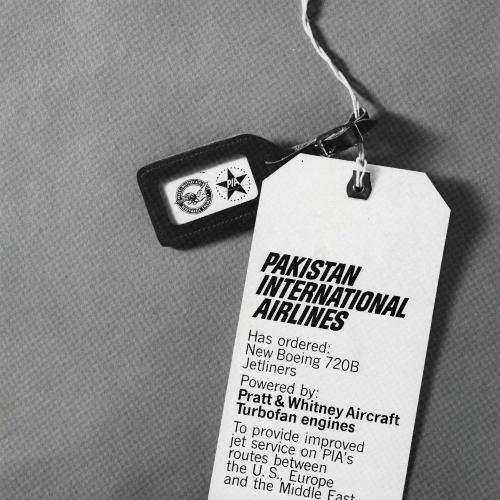 Logos and identities, Advertisements depicts: Baggage tag with a paper tag tied onto it, the paper tag says "Pakistan International Airlines"