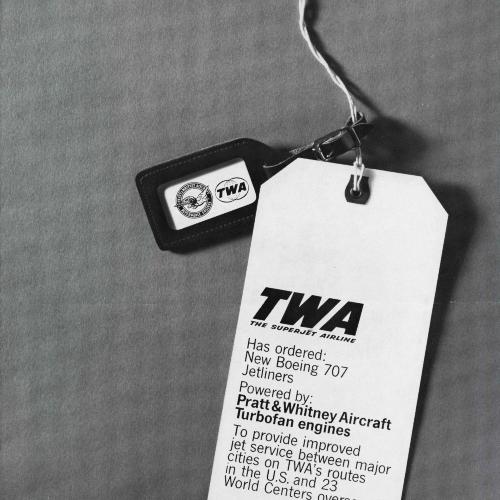 Logos and identities, Advertisements depicts: Baggage tag with a paper tag tied onto it, the paper tag says "TWA"