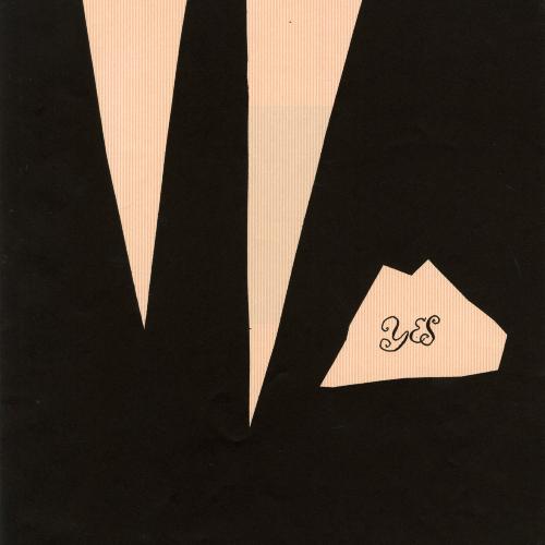 Serial Publications depicts: The front of a man's suit made out of paper collage, a hanker chief sticks out with an embroidered "yes" on it 