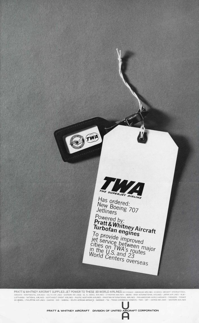 Logos and identities, Advertisements depicts: Baggage tag with a paper tag tied onto it, the paper tag says "TWA"