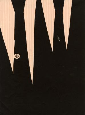 Serial Publications depicts: The front of a 2 men's suit made out of paper collage, the ties have an embroidered "yes" on it 