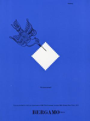 Advertisements depicts: A decorative swirly ink drawing of a bird holding a white square in its beak 