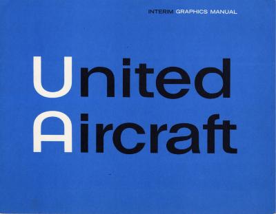 Logos and identities, Graphic Standards Manuals depicts: "United Aircraft" typed on a blue paper, the "U" and the "A" are in white while the rest of the phrase is in black 