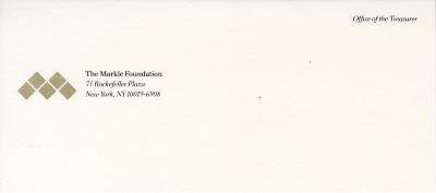 Letterheads/Stationery depicts: Five squares shaped to make an M logo next to "The Markle Foundation" across an envelope 