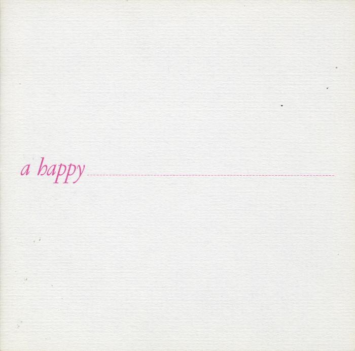 Cards depicts: "A happy" typed in pink with a dashed line next to it 